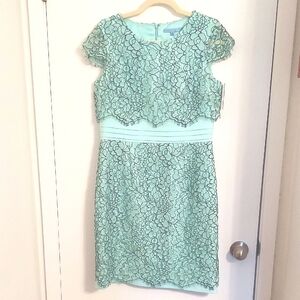 Antonio Melani Dress, Size 10, Lace‎ Cocktail, Aqua Blue with Black Embroidery